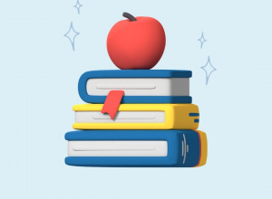 Rysunek trzech książek ułożonych jedna na drugą. Na książkach jest jabłko.